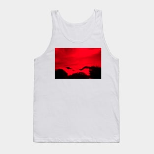 New Zealand tiered scene of high country mountains and bush shrouded by low cloud with wind-blow cloud above in red and black effect. Tank Top